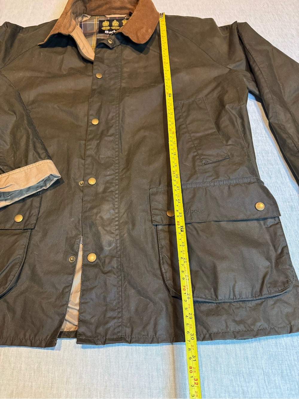 Barbour Dark Olive Waxed Field Jacket with Tan Cord Collar - Picture 5 of 16